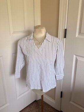 Motherhood White Blouse with Black Pinstripes